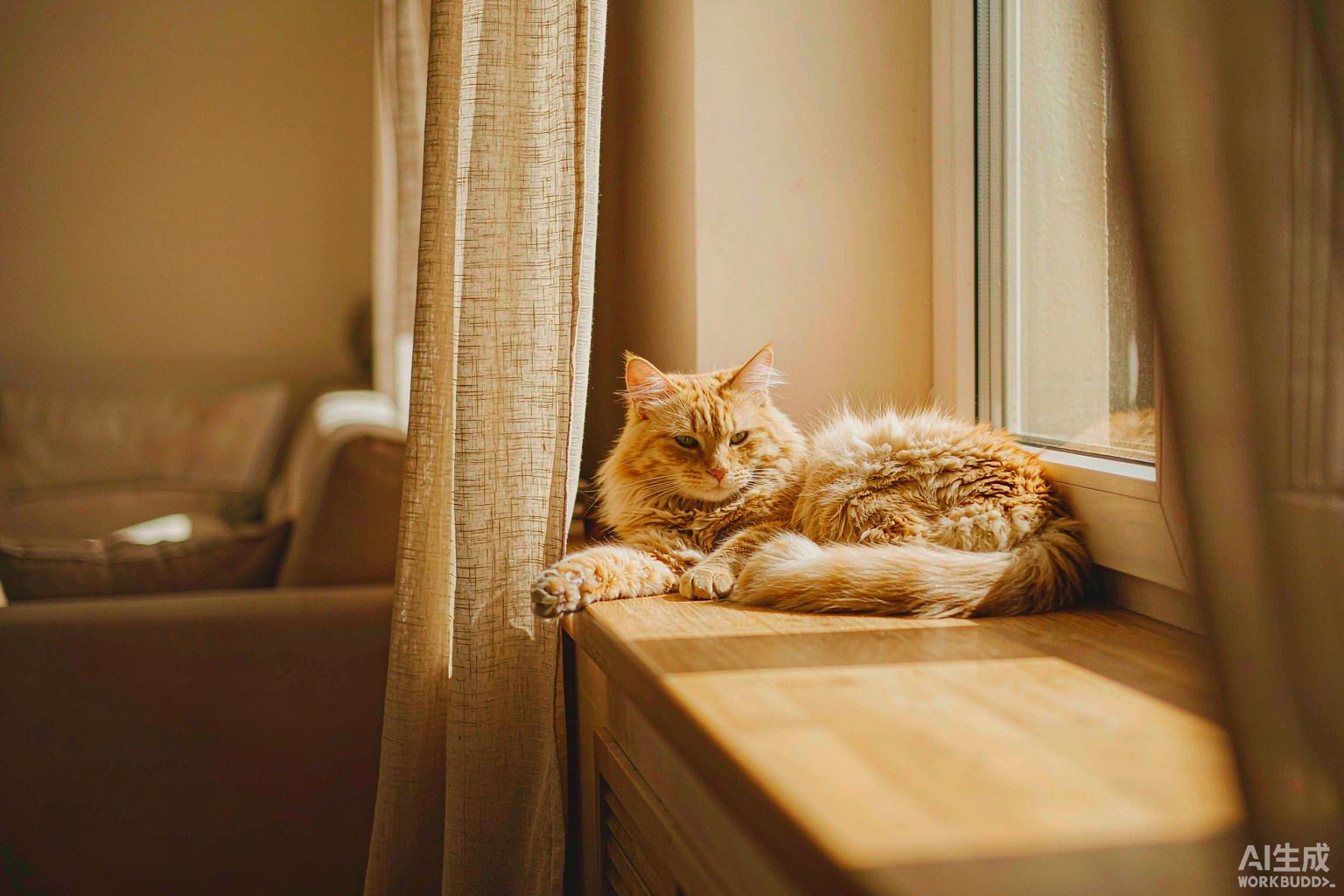 一只橘猫躺在洒满午后阳光的窗台上